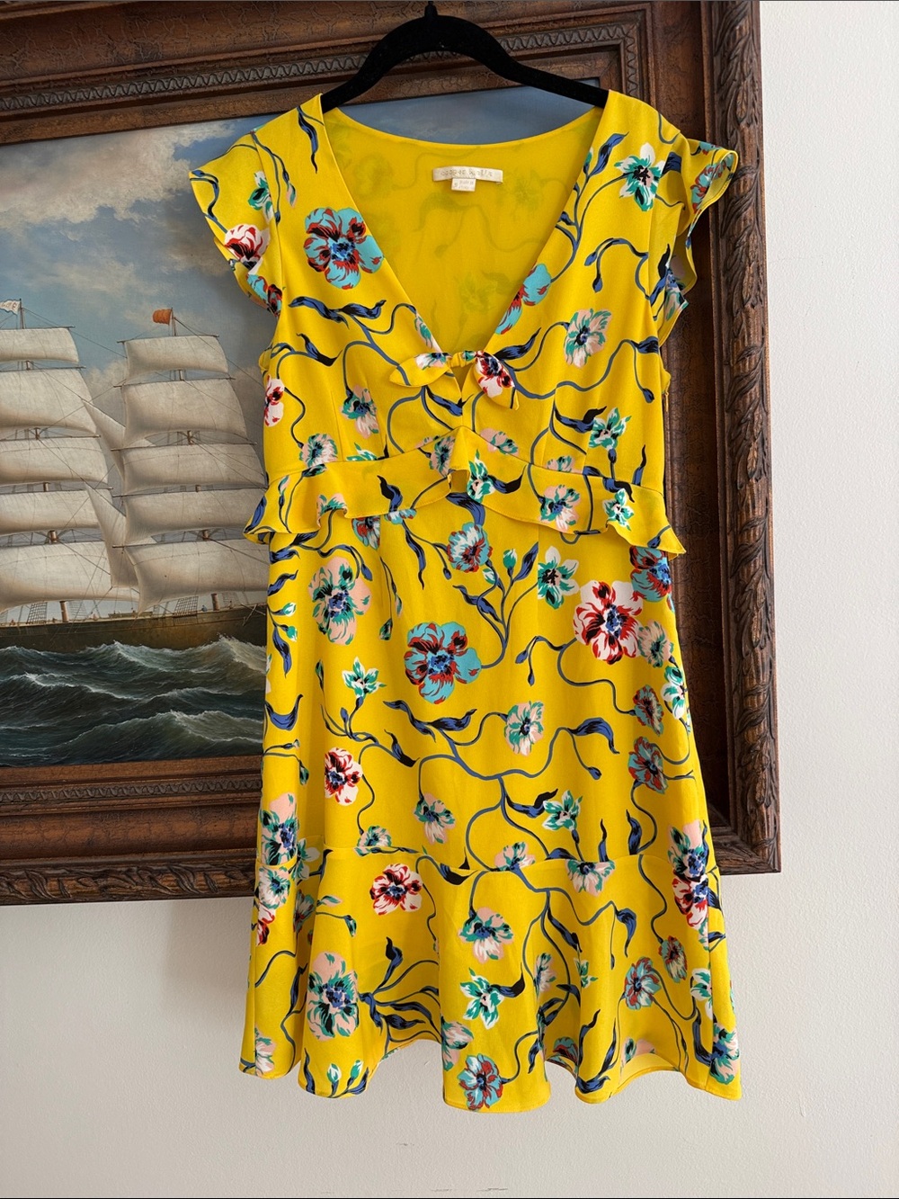 Yellow Floral V-Neck Ruffle Fit & Flare Dress